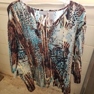 Liz & Me 4X Aqua Abstract Leopard Print Blouse Top